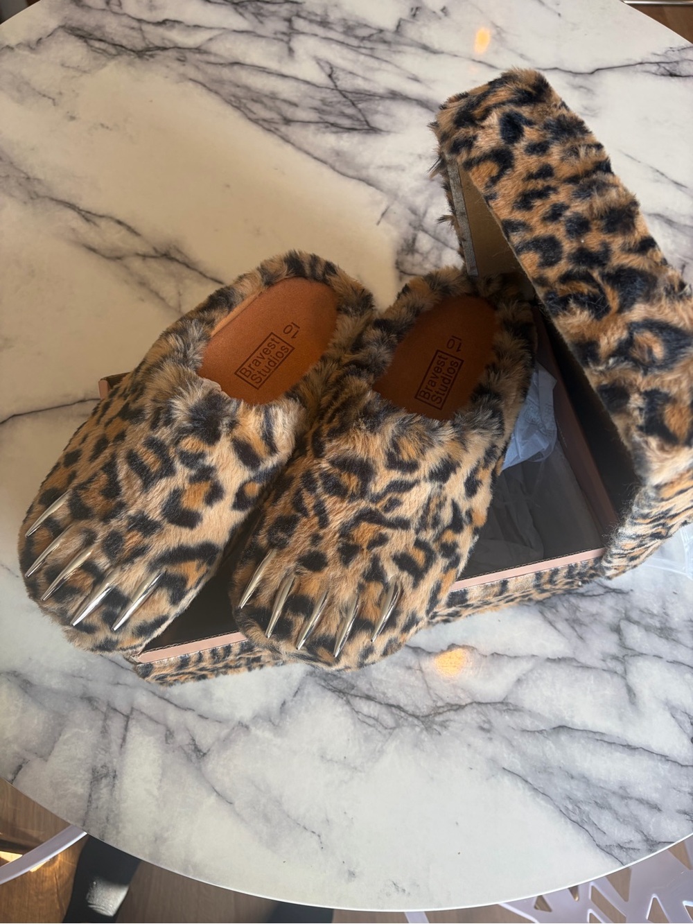 Bravest Studios Leopard Faux Fur Claw Slipper Mules in Tan and Black